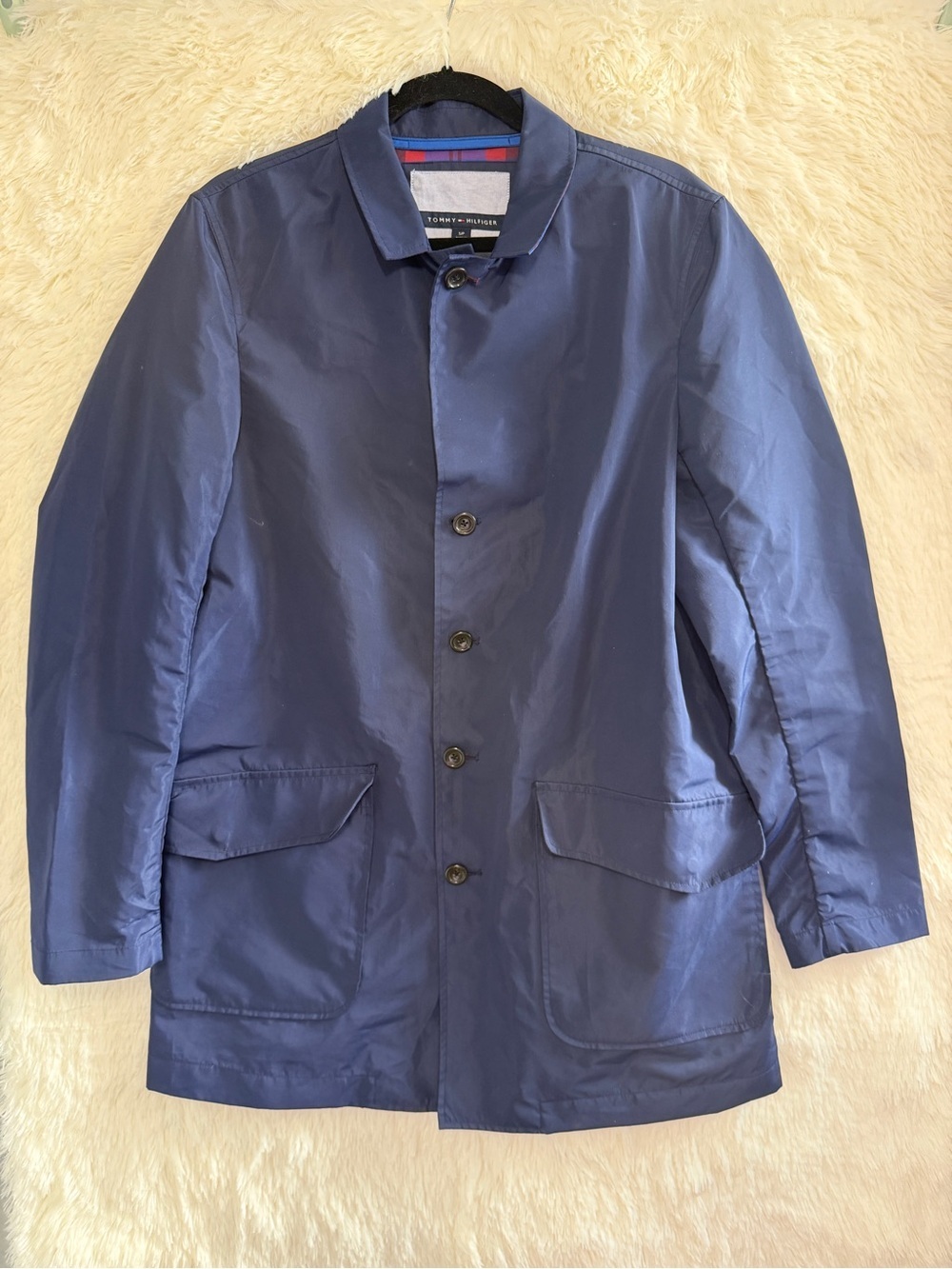 Tommy Hilfiger Mens Packable Overcoat Size S Navy Blue Rain Plaid Lined Peacoat